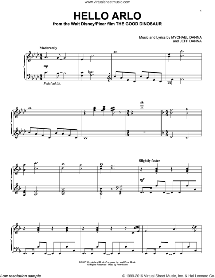 Hello Arlo sheet music for piano solo by Mychael & Jeff Danna, Jeff Danna and Mychael Danna, intermediate skill level