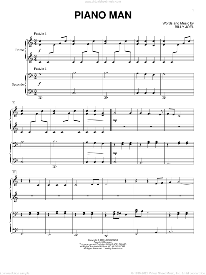 Piano Man sheet music for piano four hands by Billy Joel, intermediate skill level
