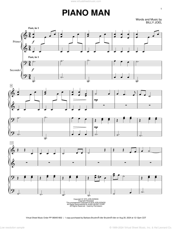 Piano Man sheet music for piano four hands by Billy Joel, intermediate skill level