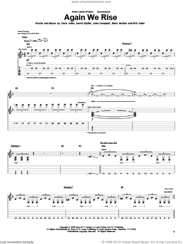 Again We Rise sheet music for guitar (tablature) by Lamb Of God, Chris Adler, David Blythe, John Campbell, Mark Morton and Will Adler, intermediate skill level
