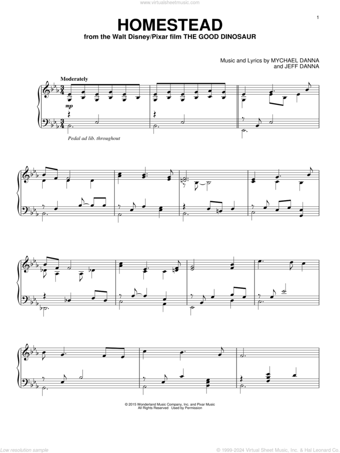 Homestead (from The Good Dinosaur) sheet music for piano solo by Mychael & Jeff Danna and Mychael Danna and Jeff Danna, Jeff Danna and Mychael Danna, intermediate skill level