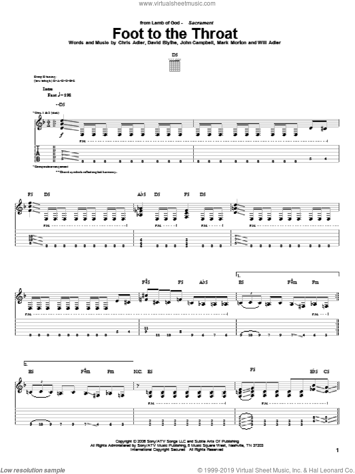 Foot To The Throat sheet music for guitar (tablature) by Lamb Of God, Chris Adler, David Blythe, John Campbell, Mark Morton and Will Adler, intermediate skill level