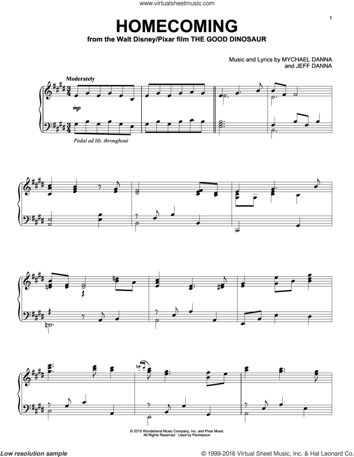Homecoming sheet music for piano solo by Mychael & Jeff Danna, Jeff Danna and Mychael Danna, intermediate skill level