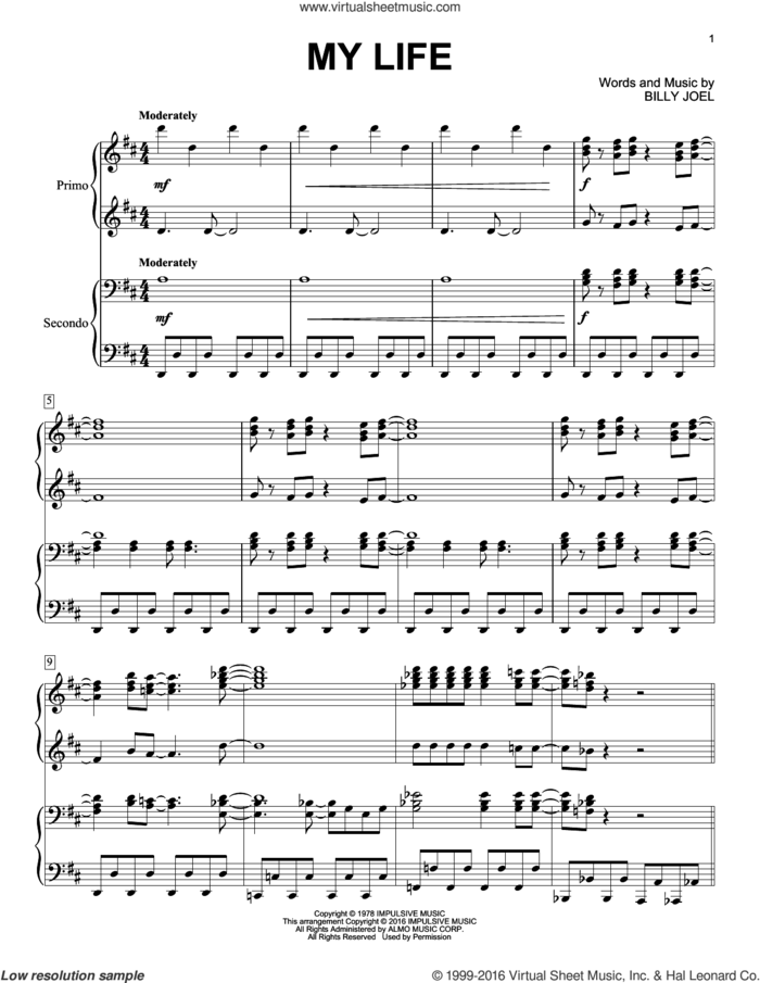 My Life sheet music for piano four hands by Billy Joel, intermediate skill level