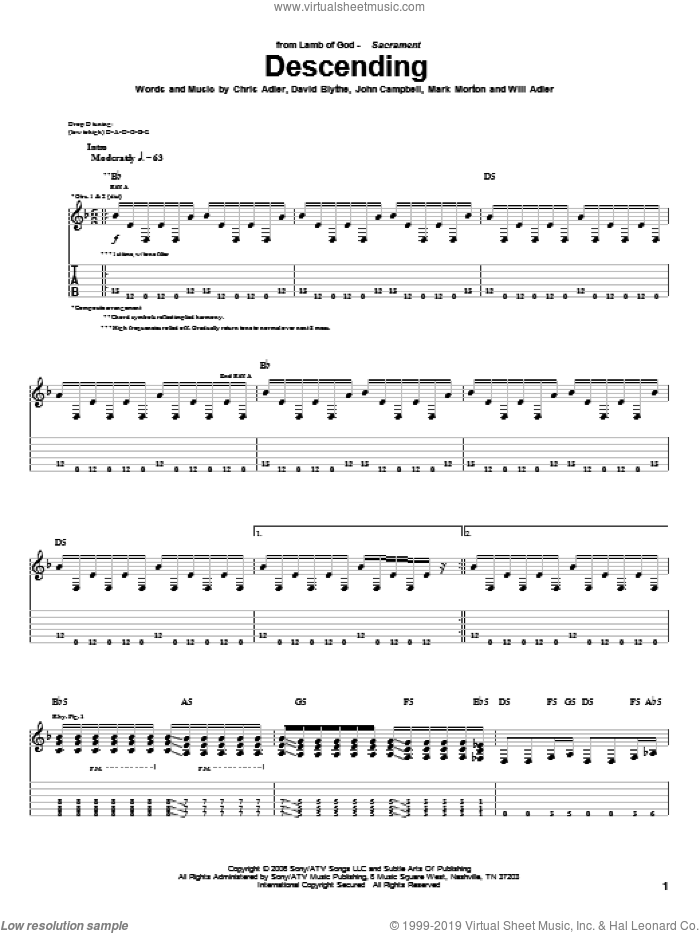 Descending sheet music for guitar (tablature) by Lamb Of God, Chris Adler, David Blythe, John Campbell, Mark Morton and Will Adler, intermediate skill level