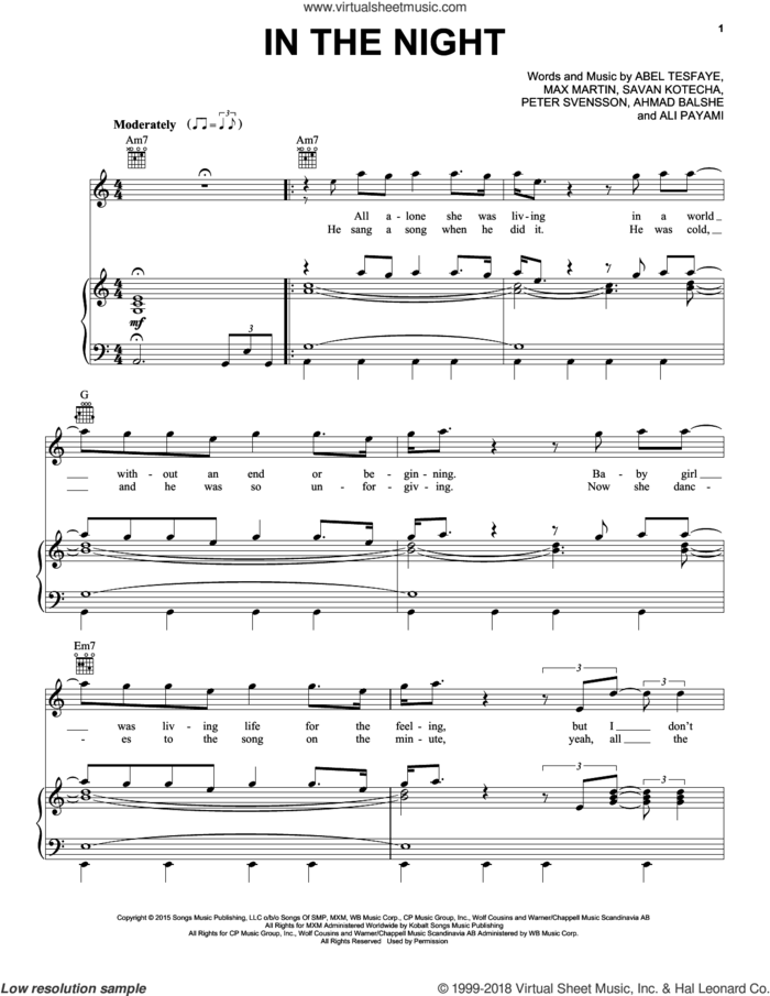 In The Night sheet music for voice, piano or guitar by The Weeknd, Abel Tesfaye, Ahmad Balshe, Ali Payami, Max Martin, Peter Svensson and Savan Kotecha, intermediate skill level
