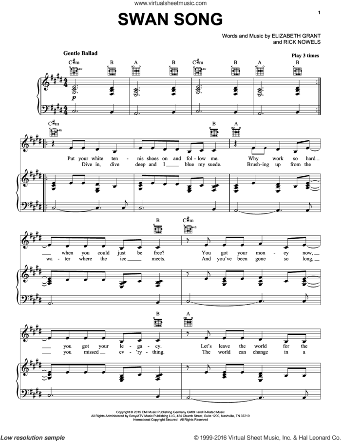 Swan Song sheet music for voice, piano or guitar by Lana Del Rey, Lana Del Ray, Elizabeth Grant and Rick Nowels, intermediate skill level