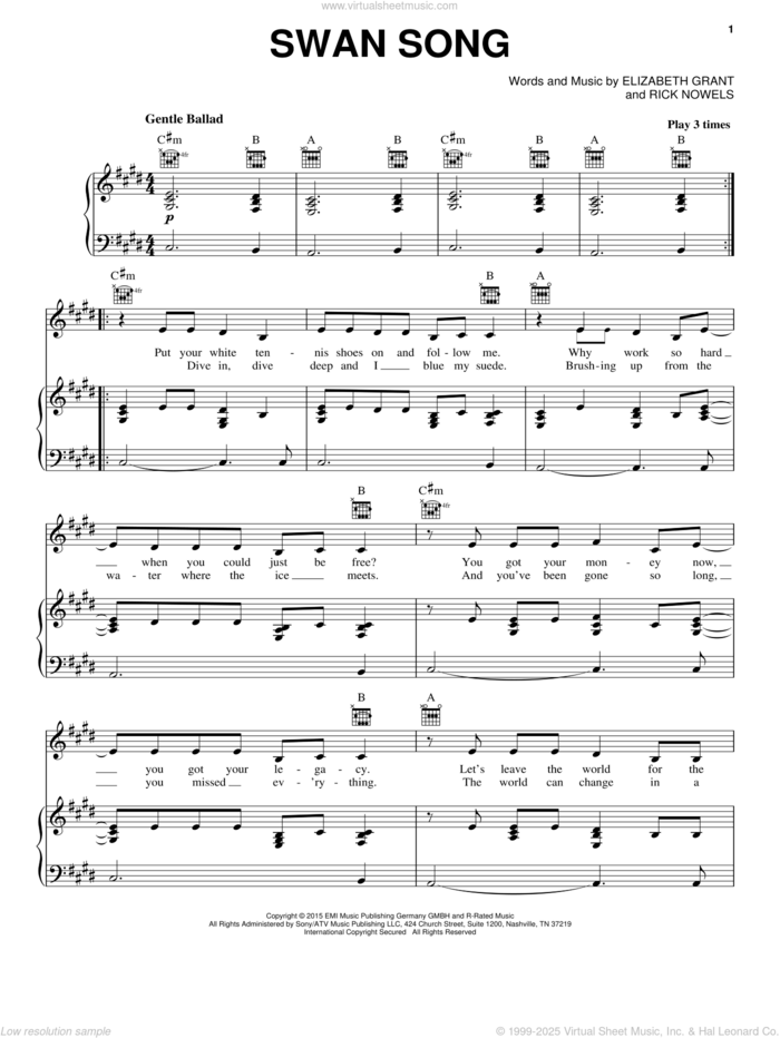 Swan Song sheet music for voice, piano or guitar by Lana Del Rey, Lana Del Ray, Elizabeth Grant and Rick Nowels, intermediate skill level