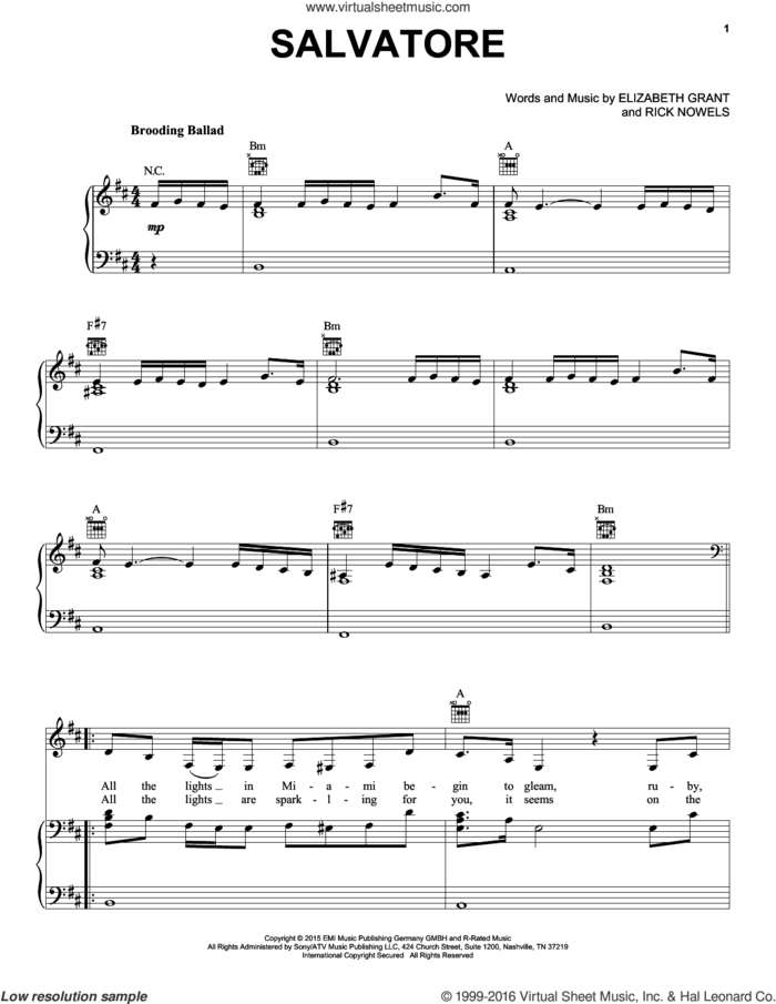 Salvatore sheet music for voice, piano or guitar by Lana Del Rey, Lana Del Ray, Elizabeth Grant and Rick Nowels, intermediate skill level