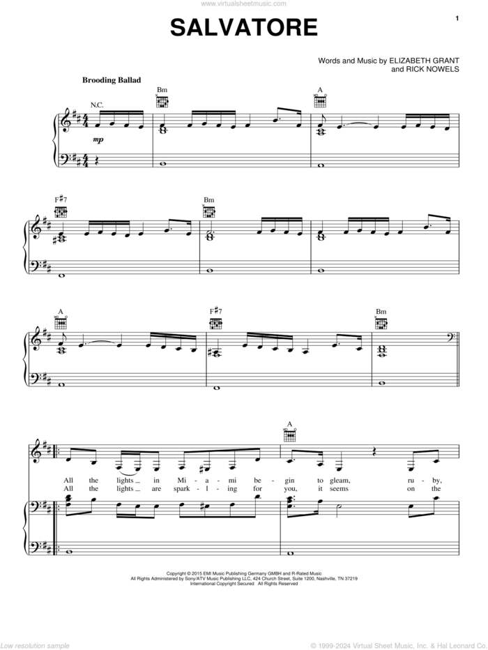 Salvatore sheet music for voice, piano or guitar by Lana Del Rey, Lana Del Ray, Elizabeth Grant and Rick Nowels, intermediate skill level