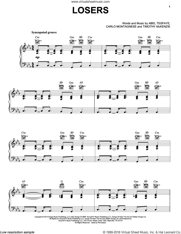 Losers sheet music for voice, piano or guitar by The Weeknd, Abel Tesfaye, Carlo Montagnese and Timothy McKenzie, intermediate skill level