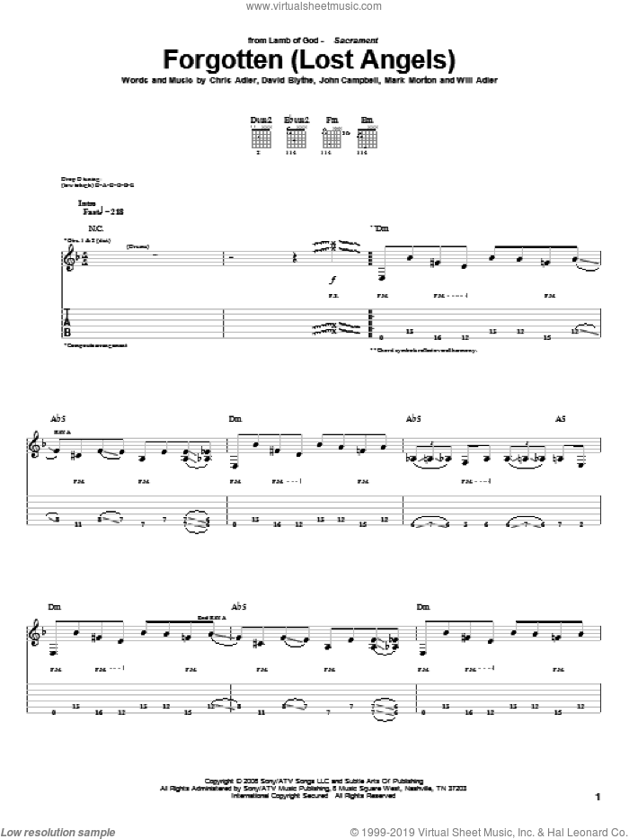 Forgotten (Lost Angels) sheet music for guitar (tablature) by Lamb Of God, Chris Adler, David Blythe, John Campbell, Mark Morton and Will Adler, intermediate skill level