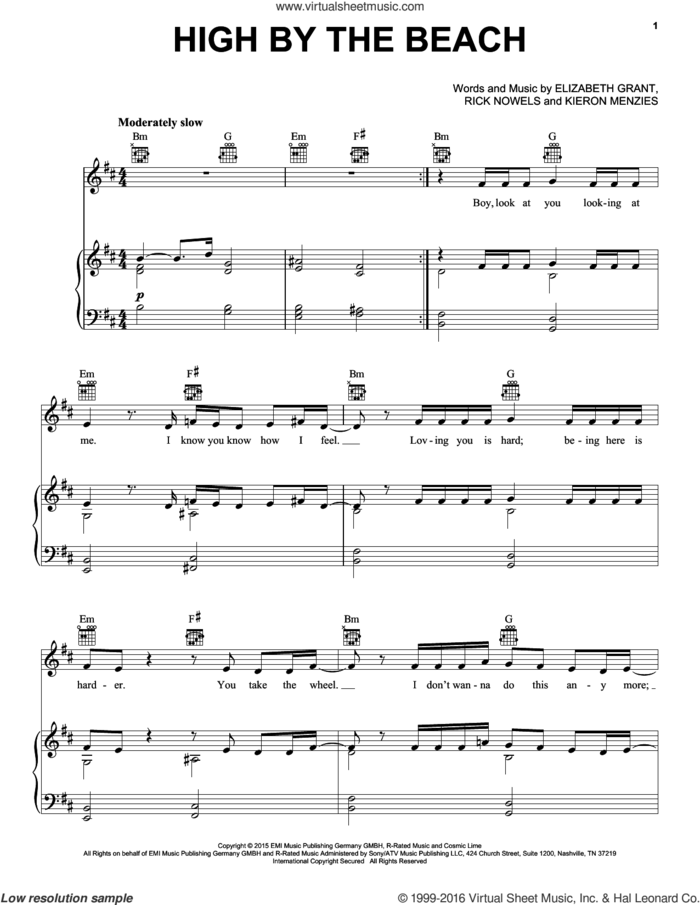 High By The Beach sheet music for voice, piano or guitar by Lana Del Rey, Lana Del Ray, Elizabeth Grant, Kieron Menzies and Rick Nowels, intermediate skill level