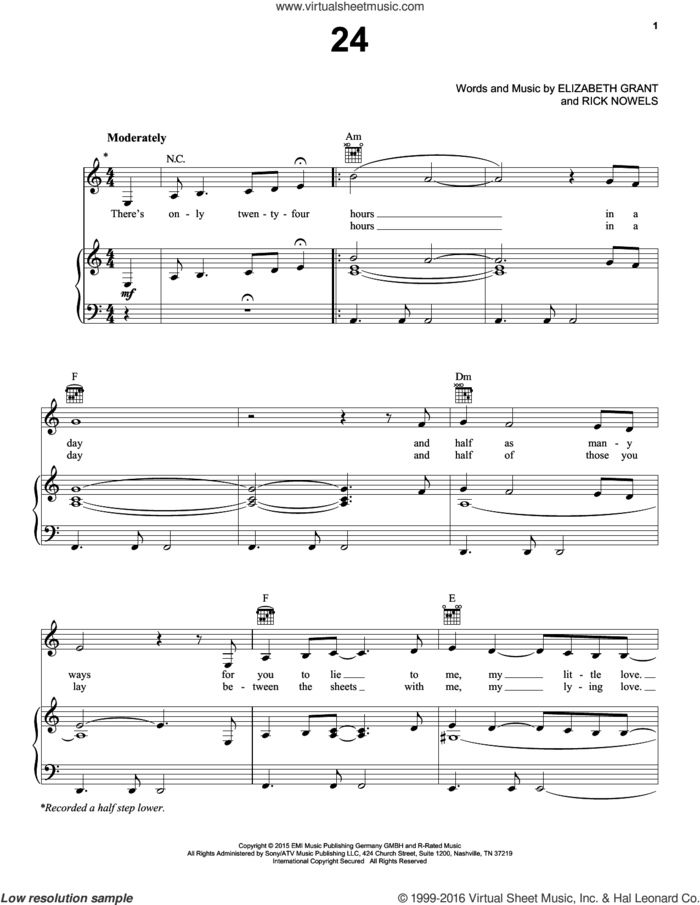 24 sheet music for voice, piano or guitar by Lana Del Rey, Lana Del Ray, Elizabeth Grant and Rick Nowels, intermediate skill level