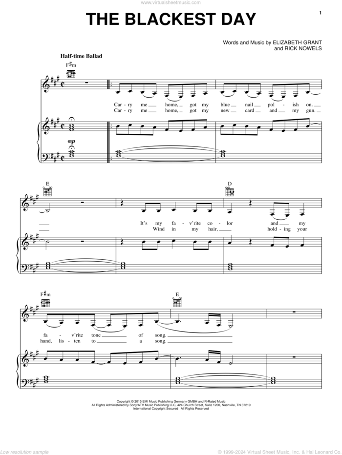 The Blackest Day sheet music for voice, piano or guitar by Lana Del Rey, Lana Del Ray, Elizabeth Grant and Rick Nowels, intermediate skill level
