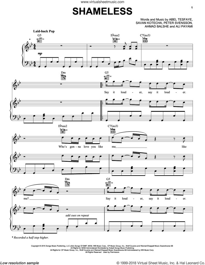 Shameless sheet music for voice, piano or guitar by The Weeknd, Abel Tesfaye, Ahmad Balshe, Ali Payami, Peter Svensson and Savan Kotecha, intermediate skill level