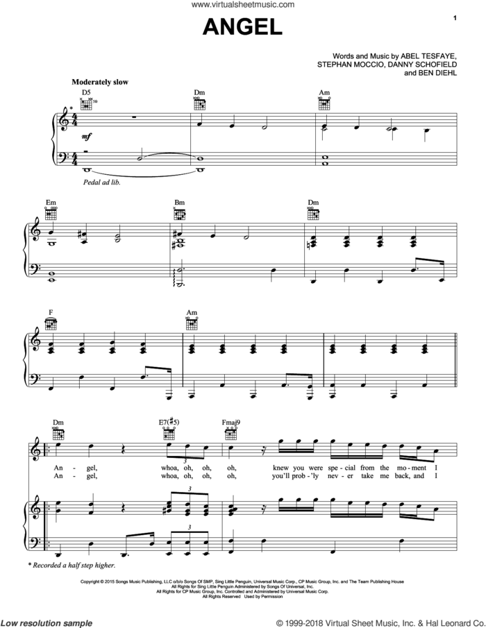 Angel sheet music for voice, piano or guitar by The Weeknd, Abel Tesfaye, Ben Diehl, Danny Schofield and Stephan Moccio, intermediate skill level