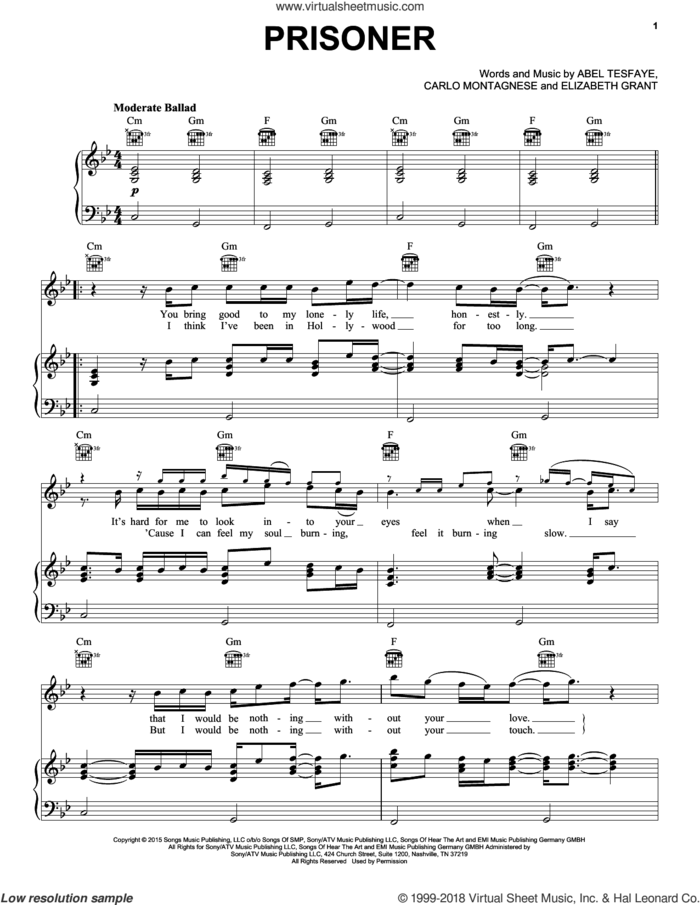 Prisoner sheet music for voice, piano or guitar by The Weeknd, Abel Tesfaye, Carlo Montagnese and Elizabeth Grant, intermediate skill level