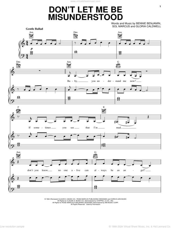 Don't Let Me Be Misunderstood sheet music for voice, piano or guitar by Lana Del Rey, The Animals, Bennie Benjamin, Gloria Caldwell and Sol Marcus, intermediate skill level
