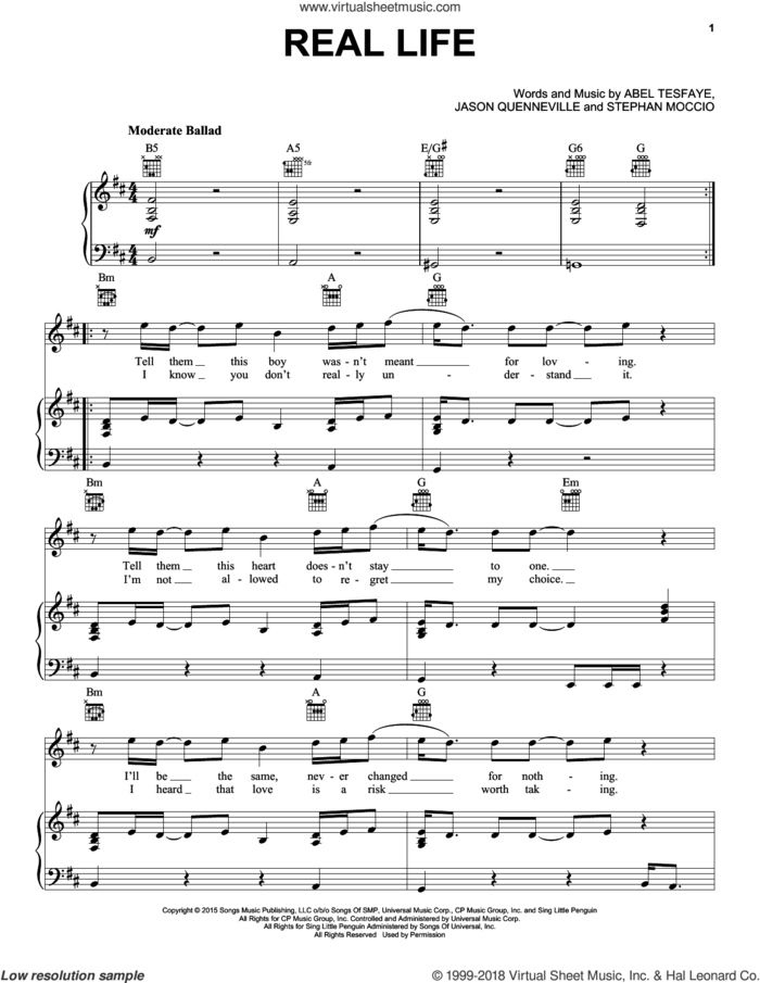Real Life sheet music for voice, piano or guitar by The Weeknd, Abel Tesfaye, Jason Quenneville and Stephan Moccio, intermediate skill level