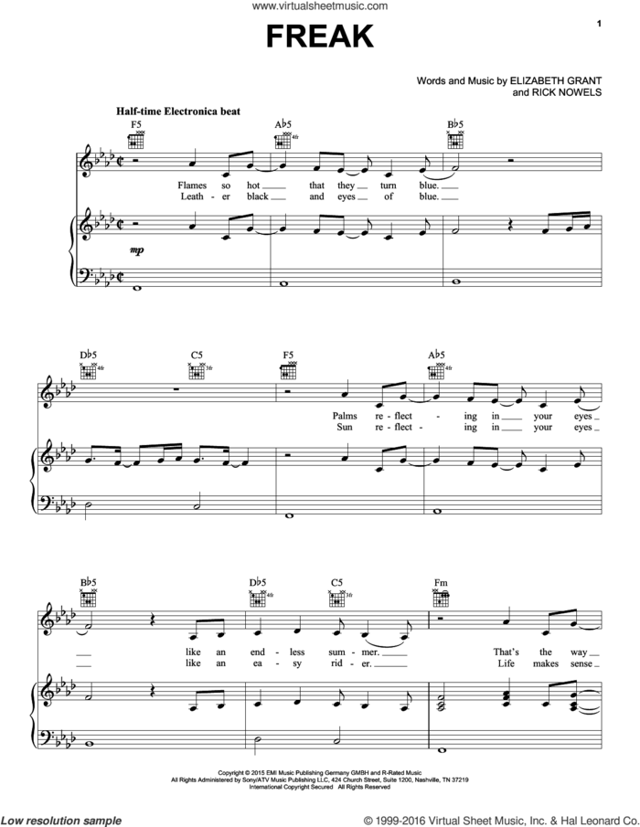 Freak sheet music for voice, piano or guitar by Lana Del Rey, Lana Del Ray, Elizabeth Grant and Rick Nowels, intermediate skill level