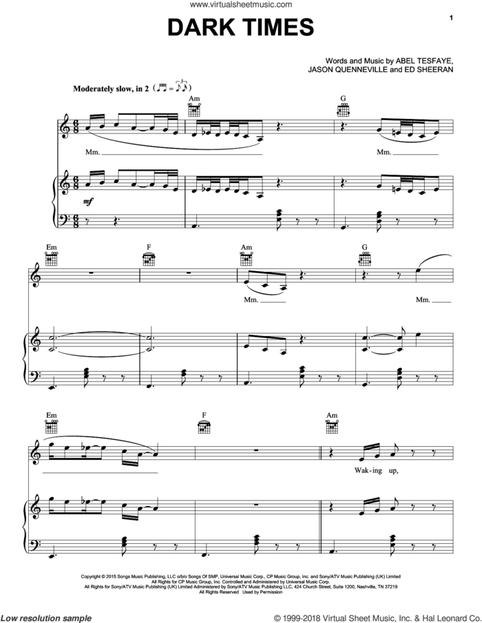 Dark Times sheet music for voice, piano or guitar by The Weeknd, Abel Tesfaye, Ed Sheeran and Jason Quenneville, intermediate skill level