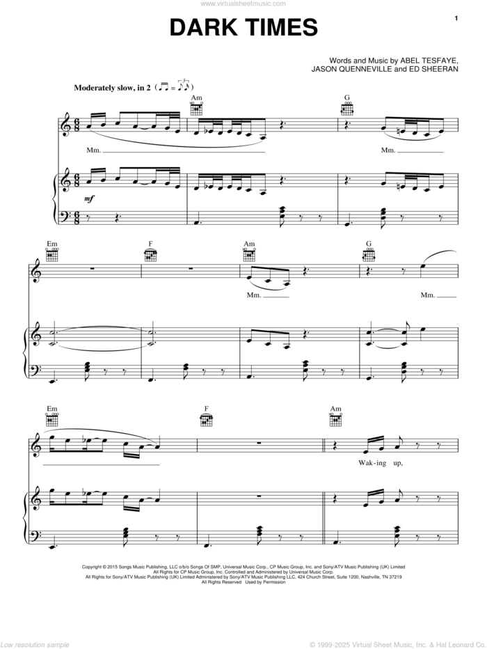 Dark Times sheet music for voice, piano or guitar by The Weeknd, Abel Tesfaye, Ed Sheeran and Jason Quenneville, intermediate skill level