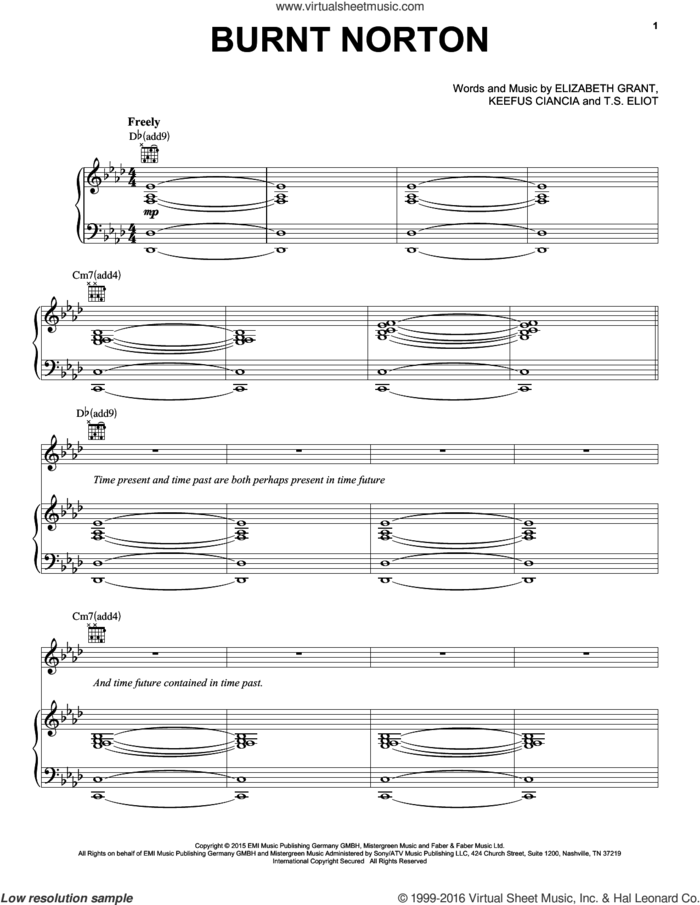 Burnt Norton sheet music for voice, piano or guitar by Lana Del Rey, Lana Del Ray, Elizabeth Grant, Keefus Ciancia and T.S. Eliot, intermediate skill level