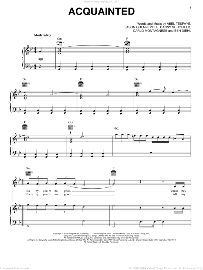 Acquainted sheet music for voice, piano or guitar by The Weeknd, Abel Tesfaye, Ben Diehl, Carlo Montagnese, Danny Schofield and Jason Quenneville, intermediate skill level