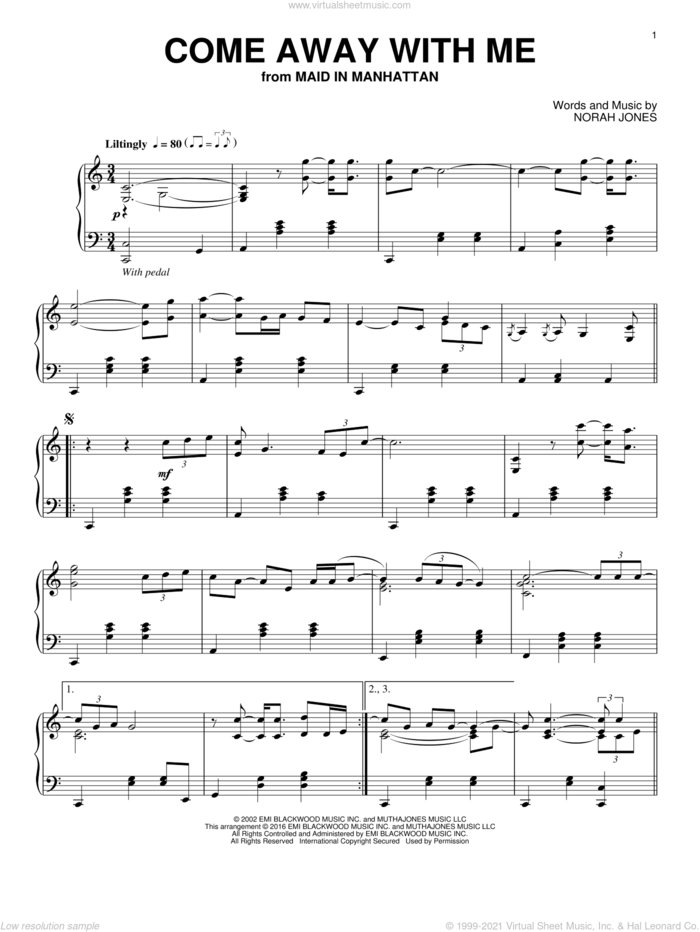 Come Away With Me, (intermediate) sheet music for piano solo by Norah Jones, intermediate skill level