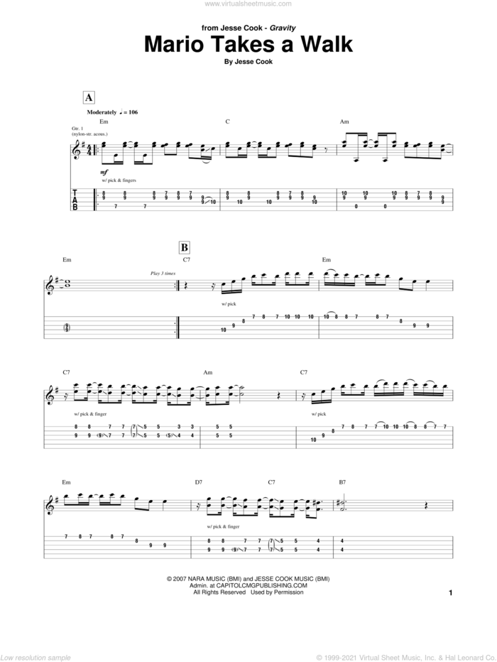 Mario Takes A Walk sheet music for guitar (tablature) by Jesse Cook, intermediate skill level