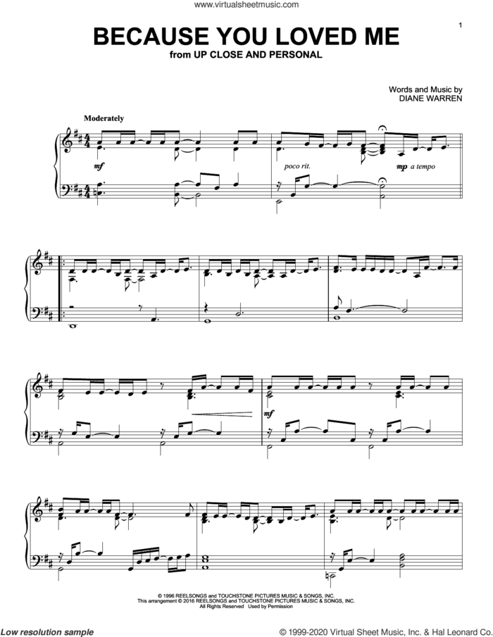 Because You Loved Me sheet music for piano solo by Diane Warren, intermediate skill level