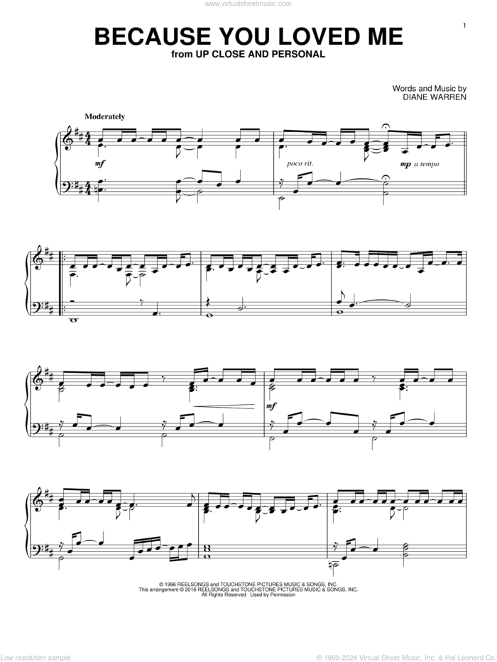 Because You Loved Me sheet music for piano solo by Diane Warren, wedding score, intermediate skill level