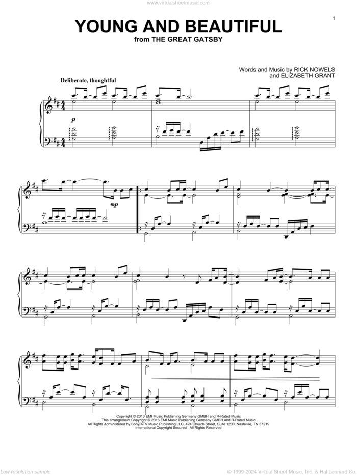 Young And Beautiful sheet music for piano solo by Lana Del Rey, Lana Del Ray, Elizabeth Grant and Rick Nowels, intermediate skill level