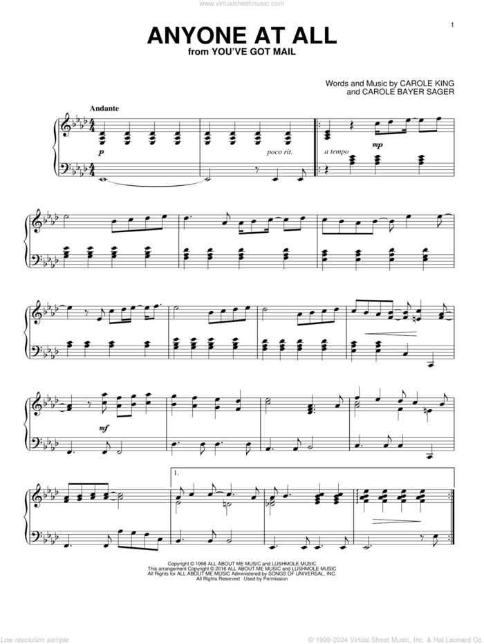 Anyone At All sheet music for piano solo by Carole King and Carole Bayer Sager, intermediate skill level