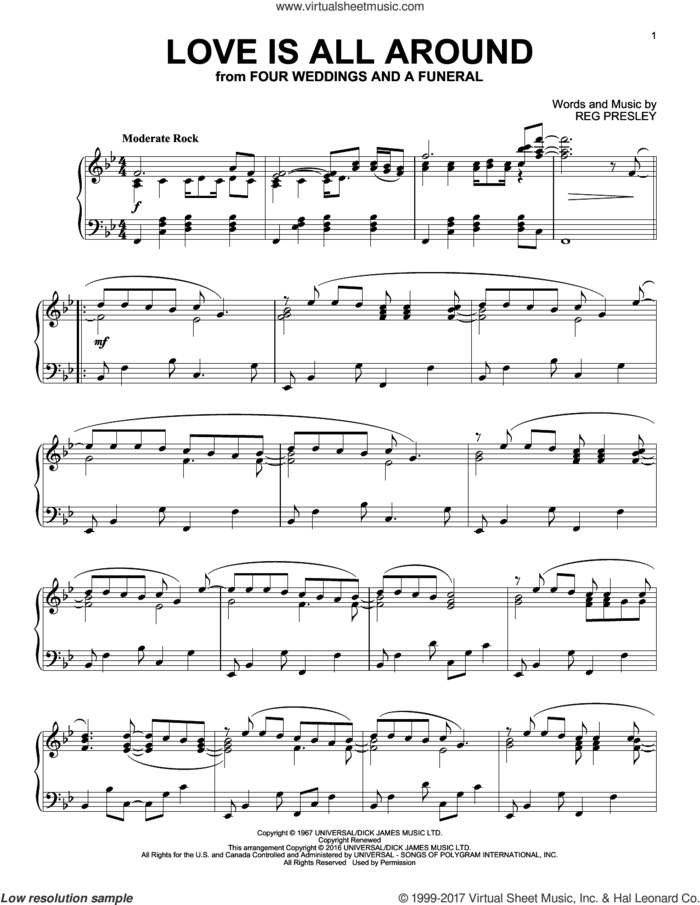 Love Is All Around sheet music for piano solo by The Troggs, Wet Wet Wet and Reg Presley, intermediate skill level