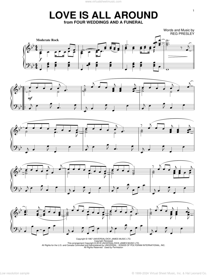 Love Is All Around sheet music for piano solo by The Troggs, Wet Wet Wet and Reg Presley, intermediate skill level