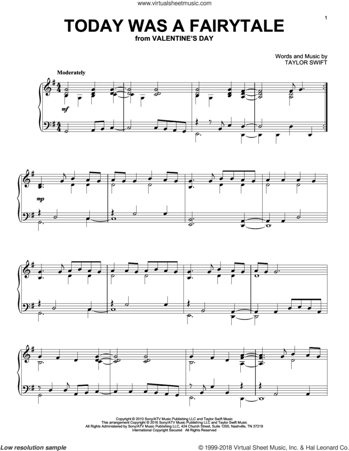 Today Was A Fairytale sheet music for piano solo by Taylor Swift, intermediate skill level