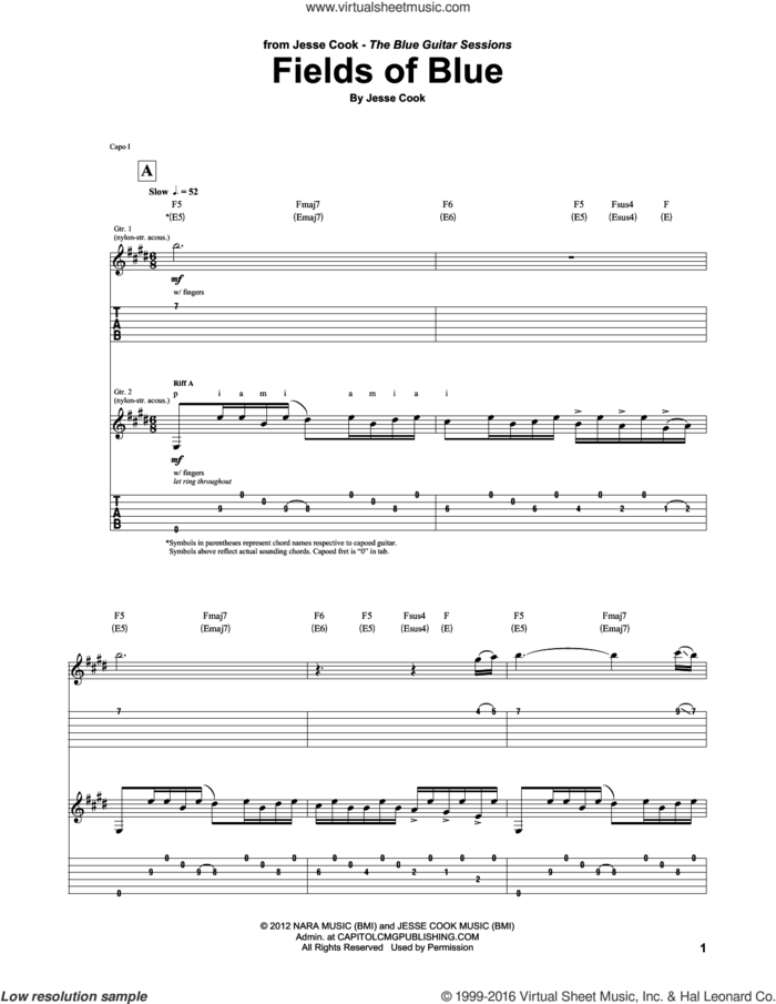 Fields Of Blue sheet music for guitar (tablature) by Jesse Cook, intermediate skill level