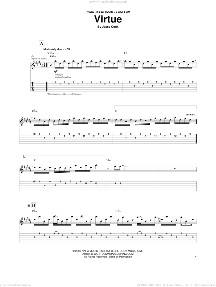 Virtue sheet music for guitar (tablature) by Jesse Cook, intermediate skill level