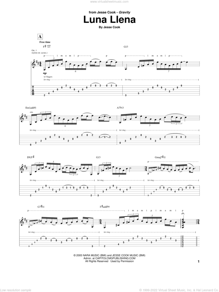 Luna Llena sheet music for guitar (tablature) by Jesse Cook, intermediate skill level