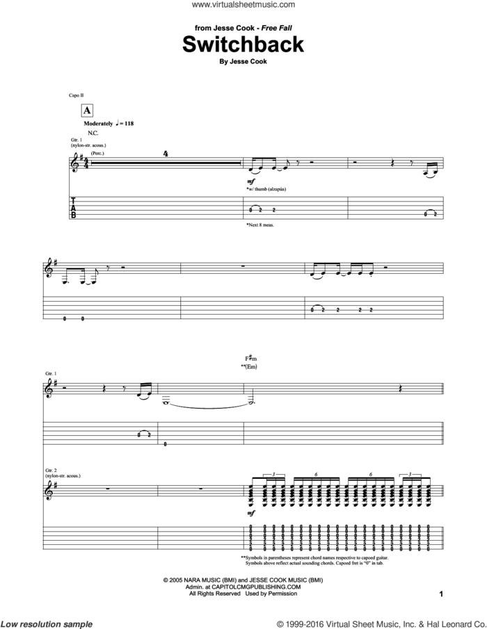 Switchback sheet music for guitar (tablature) by Jesse Cook, intermediate skill level
