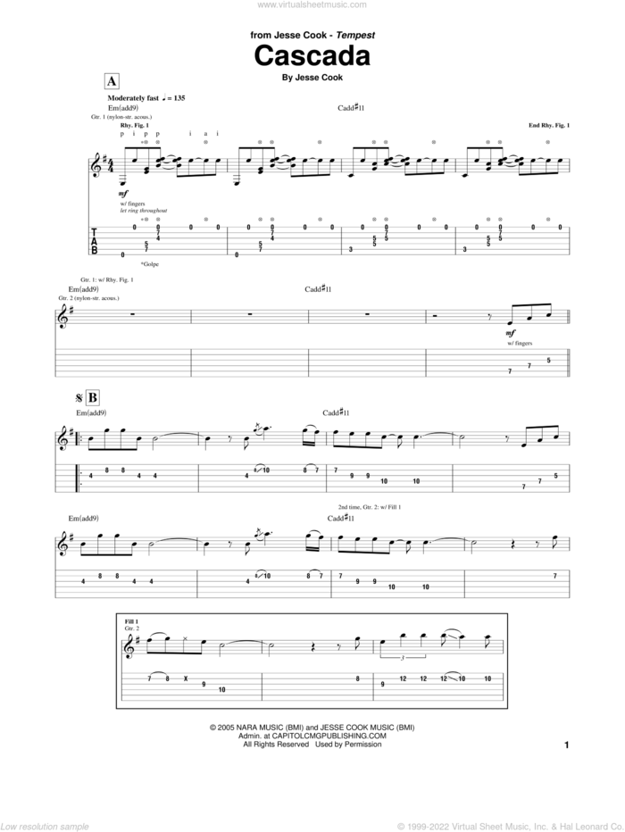 Cascada sheet music for guitar (tablature) by Jesse Cook, intermediate skill level