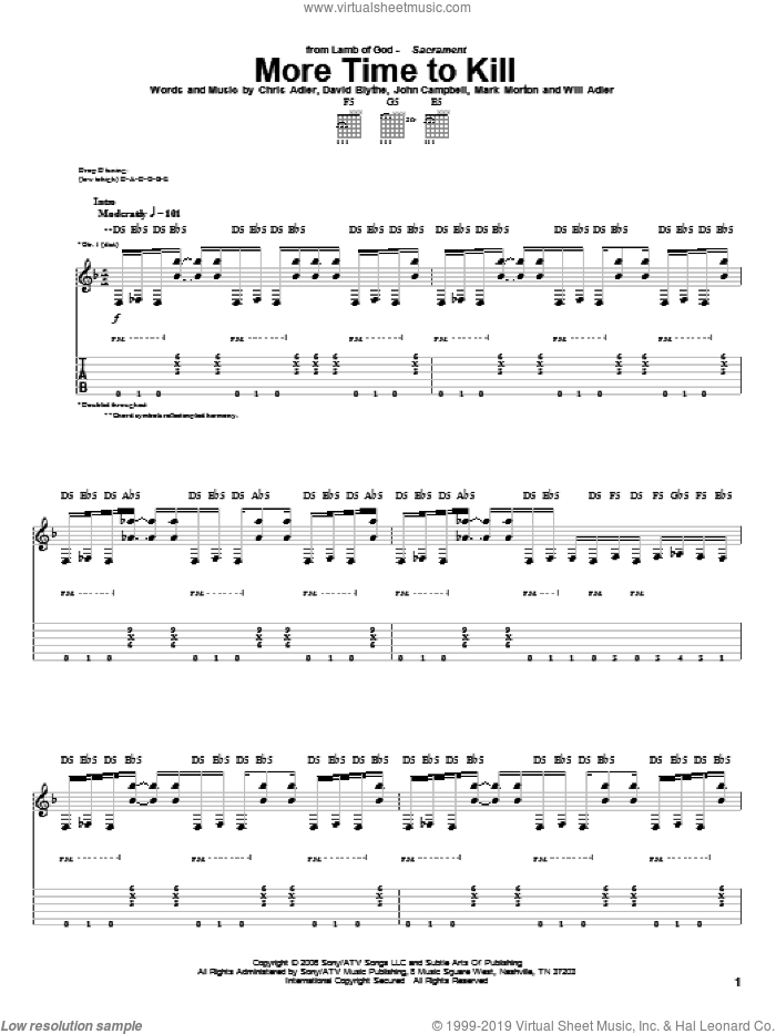 More Time To Kill sheet music for guitar (tablature) by Lamb Of God, Chris Adler, David Blythe, John Campbell, Mark Morton and Will Adler, intermediate skill level