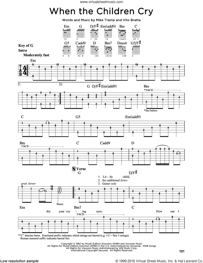 When The Children Cry sheet music for guitar solo (lead sheet) by White Lion, Mike Tramp and Vito Bratta, intermediate guitar (lead sheet)
