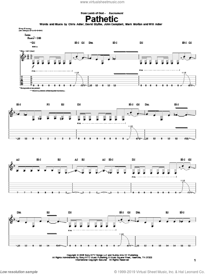 Pathetic sheet music for guitar (tablature) by Lamb Of God, Chris Adler, David Blythe, John Campbell, Mark Morton and Will Adler, intermediate skill level