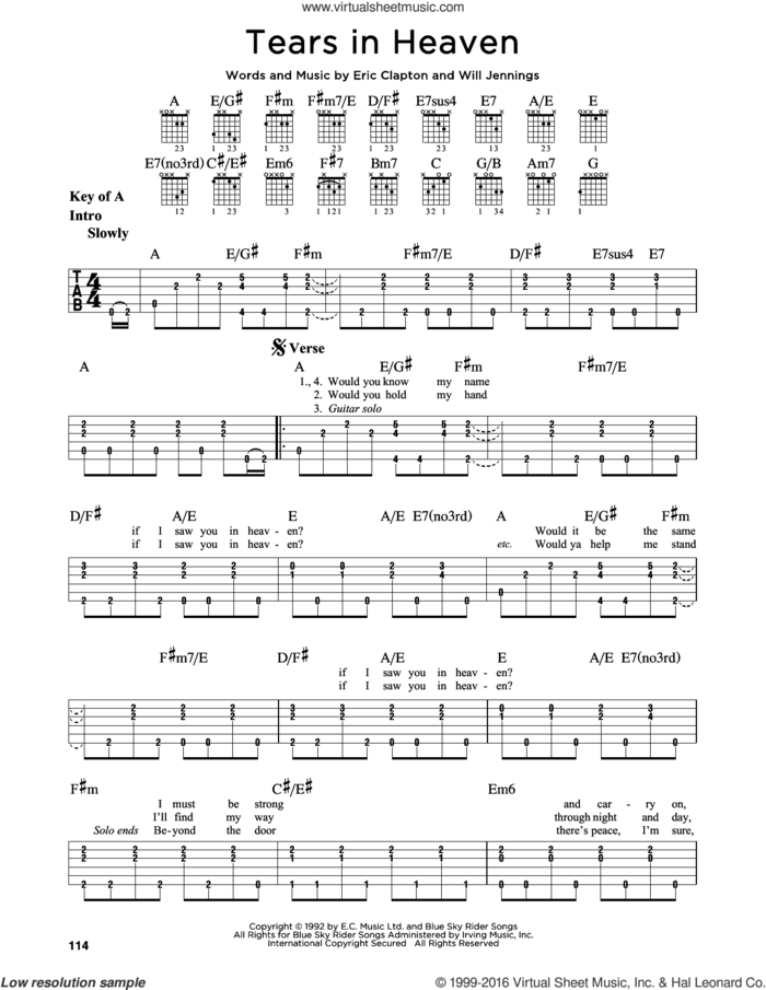 Tears In Heaven sheet music for guitar solo (lead sheet) by Eric Clapton and Will Jennings, intermediate guitar (lead sheet)