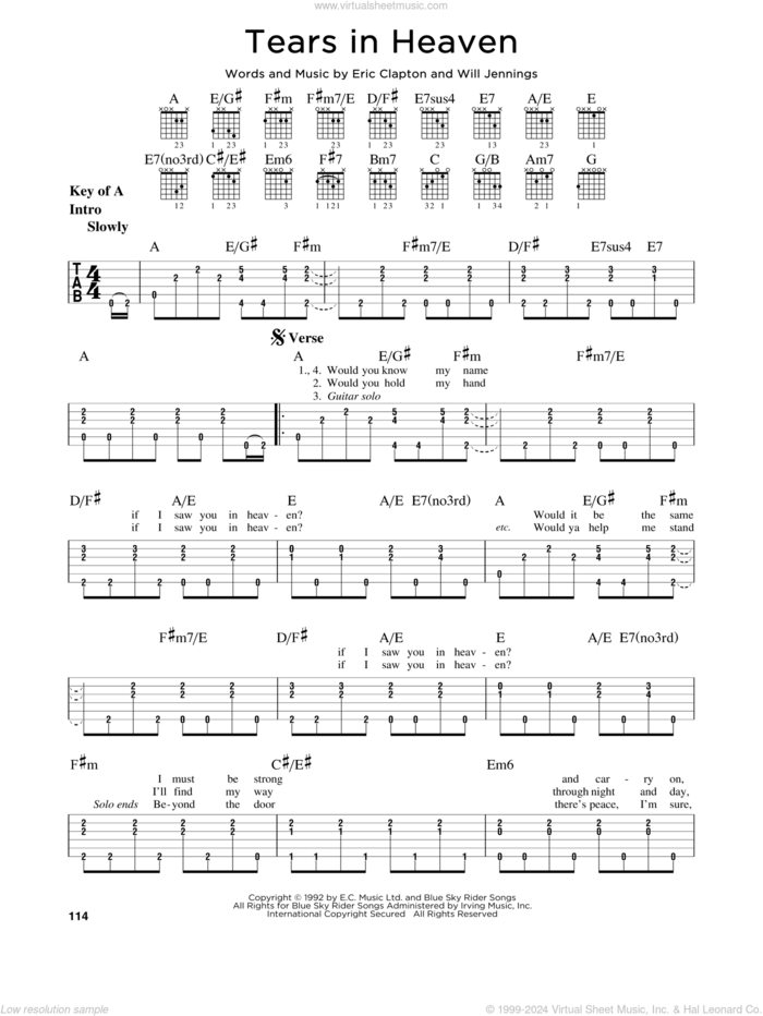 Tears In Heaven sheet music for guitar solo (lead sheet) by Eric Clapton and Will Jennings, intermediate guitar (lead sheet)