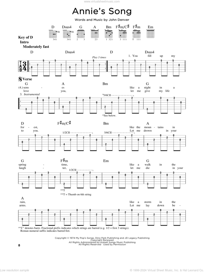 Annie's Song sheet music for guitar solo (lead sheet) by John Denver, intermediate guitar (lead sheet)