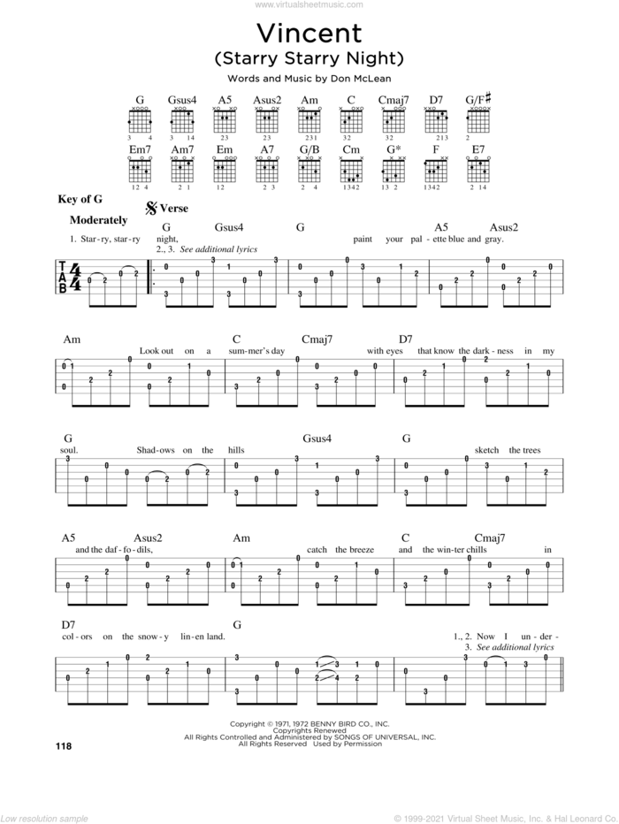 Vincent (Starry Starry Night) sheet music for guitar solo (lead sheet) by Don McLean, intermediate guitar (lead sheet)